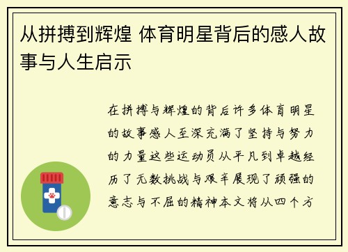 从拼搏到辉煌 体育明星背后的感人故事与人生启示